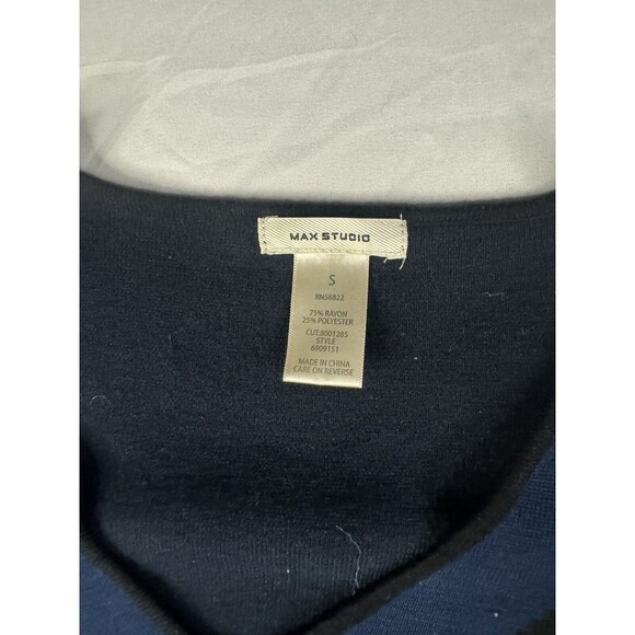 Max Studio Womens Small Long Rayon Dress Blue Black Striped Fitted Tight - Picture 2 of 8
